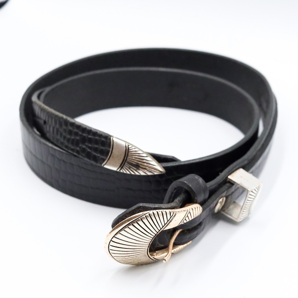 Western Ranger Black Croc Embossed Belt Double Tip Silver Tone Sunburst Buckle - Picture 7 of 12